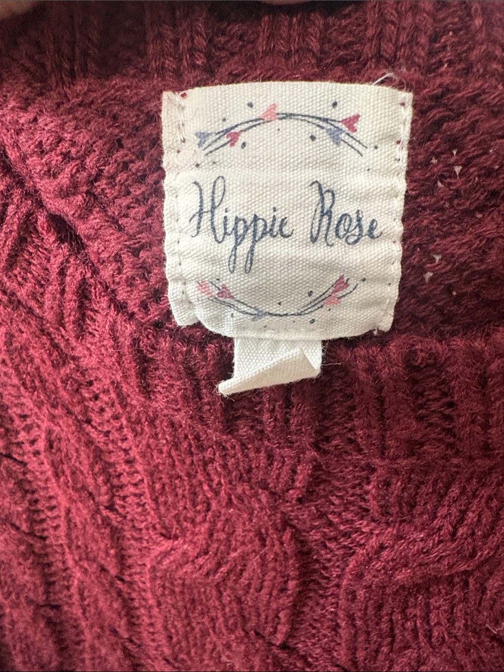 Hippie Rose Cable Knit Crewneck Sweater - Burgundy - Picture 4 of 5